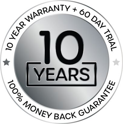 10 Years Warranty. 60 day trial. Money back guarantee logo