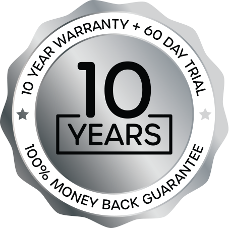 10 Years Warranty. 60 day trial. Money back guarantee logo